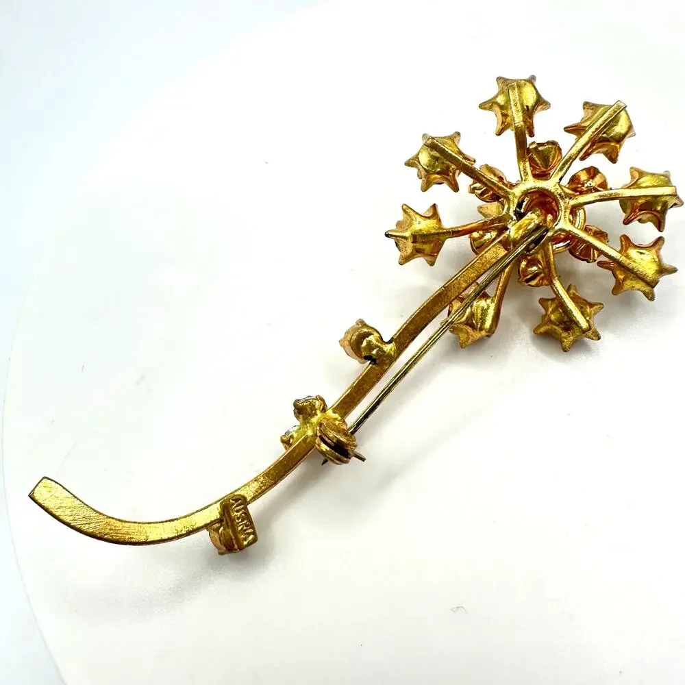 Austria vintage gold tone amber brown topaz glass AB rhinestones flower brooch